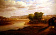 Painting of Raccoon Forks of the river when Des Moines was a village by J.A. Forgy at Hoyt Sherman Place Museum. Des Moines, IA.