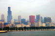 Skyline of South Michigan Avenue over lake & Grant Park. Chicago, IL.