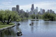 Skyline of Chicago from pond of Lincoln Park. Chicago, IL.
