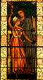 Stained glass window detail of Massachusetts Mothering the Coming Women of Liberty, Progress & Light from Women's Building of World's Columbian Exhibition at Stained Glass Museum. Chicago, IL.