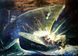 Kennedy's PT109 being sliced in two by WWII Japanese destroyer Amagiri in painting by Gerard Richardson in JFK Library. Boston, MA.