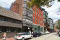 Streetscape at Paul Revere House with green-fronted Mariner's House. Boston, MA.