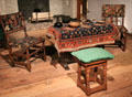Table from New York with two Turkey-work chairs from England plus stool from Danbury, MA at Museum of Fine Arts. Boston, MA.