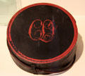 Leather-covered wood canteen painted with initials at Concord Museum. Concord, MA.