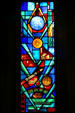 Learning-theme stained glass windows in Alumni Memorial Chapel at Michigan State University. East Lansing, MI