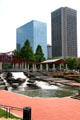Gateway Plaza park cascades with highrise buildings. St Louis, MO.
