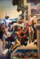 Detail of pioneer settlers & traders on Social History of Missouri mural by Thomas Hart Benton at Missouri State Capitol. Jefferson City, MO.
