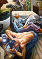 Detail of men washing & reading papers on Social History of Missouri mural by Thomas Hart Benton at Missouri State Capitol. Jefferson City, MO.