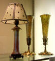 Art glass lamp with parchment shade & crackle Torchiere lamps both by Durand Art Glass of Vineland, NJ at Museum of American Glass. Milville, NJ.