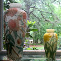Chrysanthemum vase & Jonquil vase both by Consolidated Lamp & Glass of Coraopolis, PA at Museum of American Glass. Milville, NJ.
