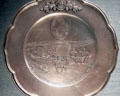 USS New Mexico ship's silver service with scene of Santa Fe trail at New Mexico History Museum. Santa Fe, NM.