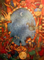Untitled oil & sand painting of birds & native masks by Tony Abeyta in NM State Capitol Art Collection. Santa Fe, NM.