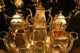 Silver coffee & tea service with square vessels at Nevada State Museum. Carson City, NV.