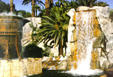 Steaming oriental fountain & waterfall at Mandalay Bay. Las Vegas, NV.
