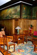Murals + Arts & Crafts-style furniture in lobby of Roycroft Inn. East Aurora, NY.