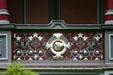 Cast iron railing with dog's head medallion of Octagon House. Irvington, NY.