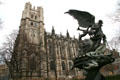 St John the Divine side wall buttresses over Children's Sculpture Garden. New York, NY.
