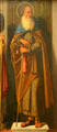 St Anthony Abbot carrying bell & with pig detail of Three Saints painting by Giovanni Battista Cima at Metropolitan Museum of Art. New York, NY.