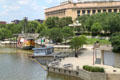 Scioto River with waterfront walk, ship Santa Maria & Post Office building. Columbus, OH.