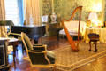 Music Room piano & harp at Rough Point. Newport, RI.