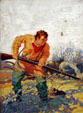 Frontiersman with flintlock & arrow through hat, painting by Charles Hargens at Dakota Discovery Museum. Mitchell, SD.
