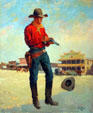 Gunfighter at Big Nugget Hotel for book called Bonanza Gulch, painting by Charles Hargens at Dakota Discovery Museum. Mitchell, SD.