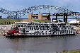 American Queen Riverboat at Mud Island with Interstate 40 bridge. Memphis, TN.