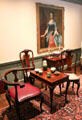 Portrait of Mrs. Samuel McCall, Sr. by Robert Feke over tea table in Queen Anne Suite at Bayou Bend. Houston, TX.