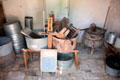 Washroom with washing machines & scrub boards under water tower at Sauer-Beckmann Farmstead. Stonewall, TX.