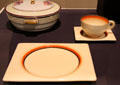 Earthenware Biarritz square plate, cup & saucer by Clarice Cliff of Arthur J. Wilkinson Ltd., Royal Staffordshire Pottery, Burslem, England at Dallas Museum of Art. Dallas, TX.
