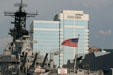 Battleship Wisconsin & skyline of Norfolk. Norfolk, VA.