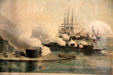 Detail of graphic of "Splendid Victory of the Ericsson Battery Monitor disabling the Rebel Battery the Merrimac" by Hatch & Co. at Norfolk History Museum. Norfolk, VA.