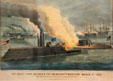 Graphic of "Great Fight between Merrimac & Monitor " by F. Newman for Currier & Ives at Norfolk History Museum. Norfolk, VA.