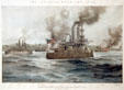 Engraving of U.S. Naval ships destruction on Spanish Admiral Cervera's fleet at Santiago, Cuba Harbor during Spanish American War from Hampton Roads Naval Museum at Nauticus. Norfolk, VA.