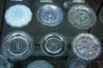 Collection of American pressed glass cup plates at Chrysler Museum of Art. Norfolk, VA.
