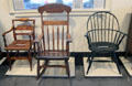 Arm chair by unknown, rocking chair by Henry F. Dewey & Windsor chair prob. by Amasa Elwell all from Bennington, VT at Bennington Museum. Bennington, VT.