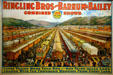 Poster showing 100 railway cars of Ringling Bros, Barnum & Bailey Circus which would stretch for 1.3 miles at Circus World Museum. Baraboo, WI.
