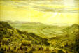 Drawing of wagon train descending into Great Salt Valley Utah by W.H. Jackson at Scotts Bluff National Monument at Scotts Bluff National Monument. WY.