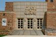 College of Education building of University of Wyoming with facade sculpture by Robert Russin. Laramie, WY.