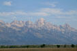 Teton mountain ridge over trees lining Snake River in Grand Teton National Park. WY.