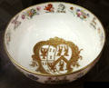 Bone china punch bowl made in England for Lt. Gen. Sir Love Parry Jones-Parry of Caernarfonshire with Welsh themes & his coat-of-arms at National Museum of Wales. Cardiff, Wales.