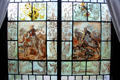 Stained glass window with image of King Gustavus II Adolph of Sweden & Chevalier Pierre Bayard on the battlefield by F Strius, Antwerp. Llangollen, Wales.