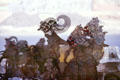 Wayang kulit or rod shadow puppets made of parchment in shop window. Jogyakarta, Indonesia.